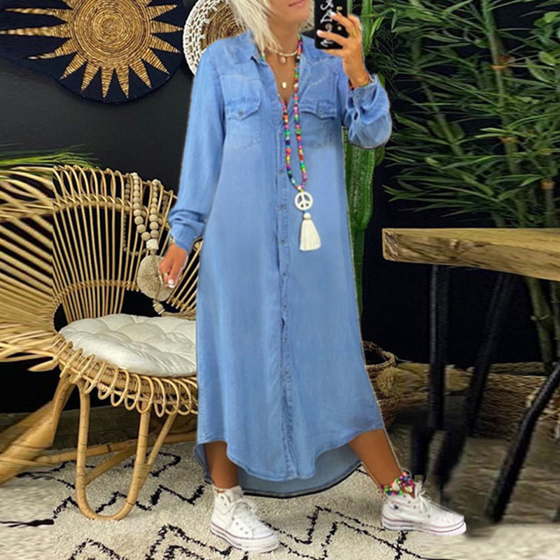 Sofie - Denim Maxi Kjole med Elegante Lange Ærmer