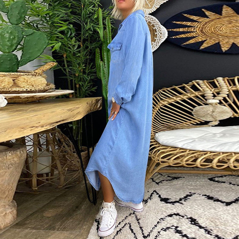 Sofie - Denim Maxi Kjole med Elegante Lange Ærmer