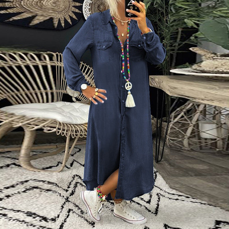 Sofie - Denim Maxi Kjole med Elegante Lange Ærmer