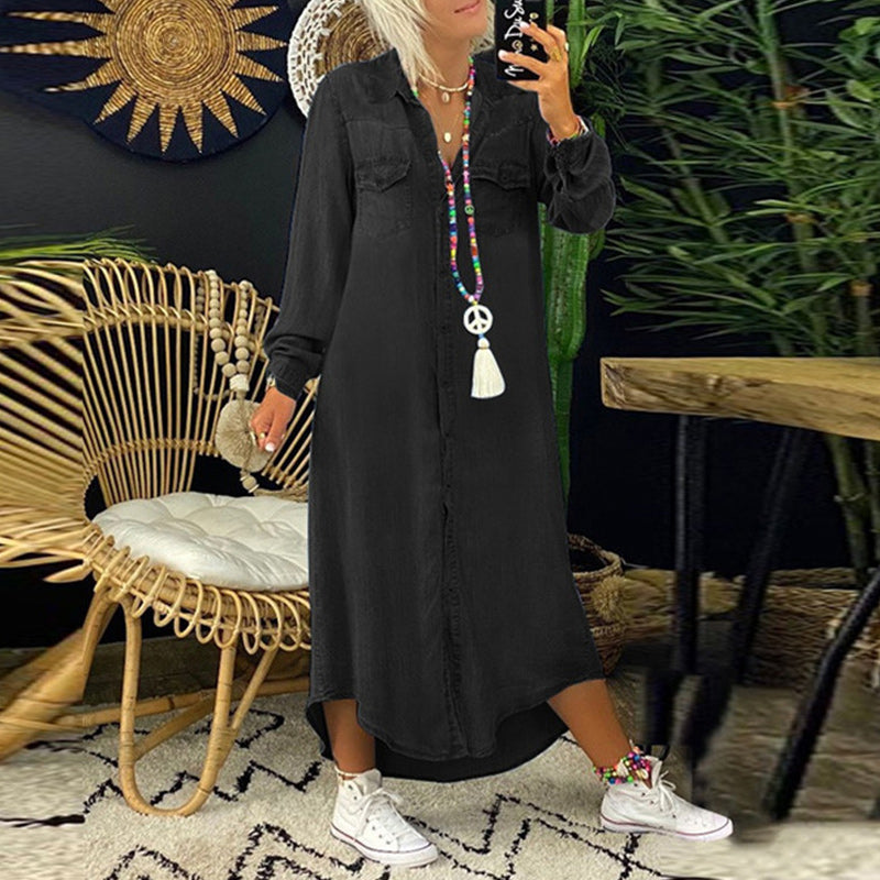 Sofie - Denim Maxi Kjole med Elegante Lange Ærmer