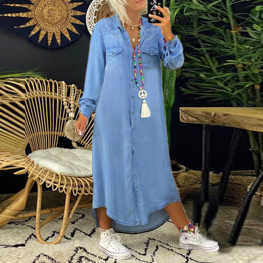 Sofie - Denim Maxi Kjole med Elegante Lange Ærmer